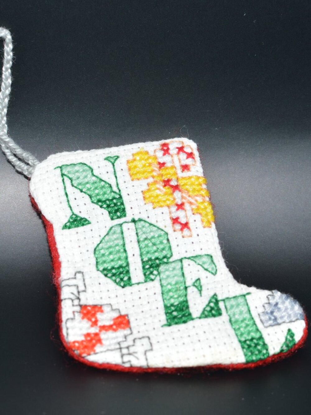 Cross Stitch Homemade Stocking Ornament - Noel